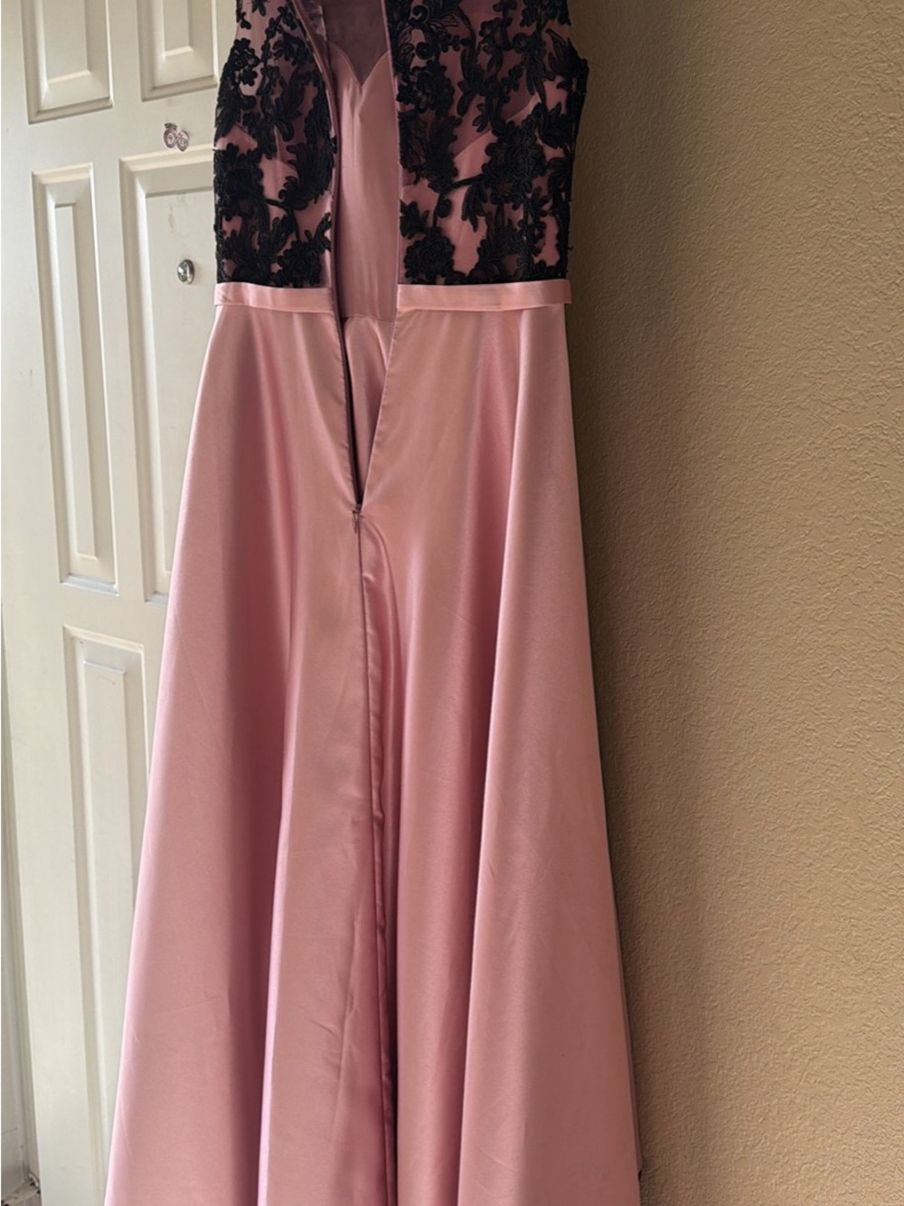 JJs House Rose Pink Satin High-Low Gown with Black Lace Bodice